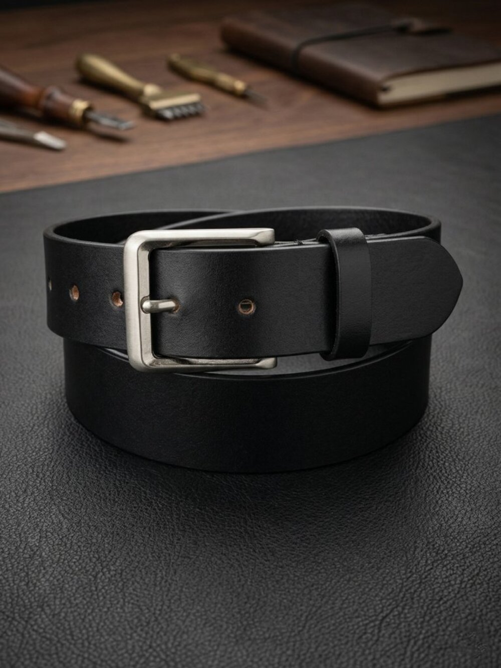 Men Genuine Leather Jeans Belt with Silver Buckle